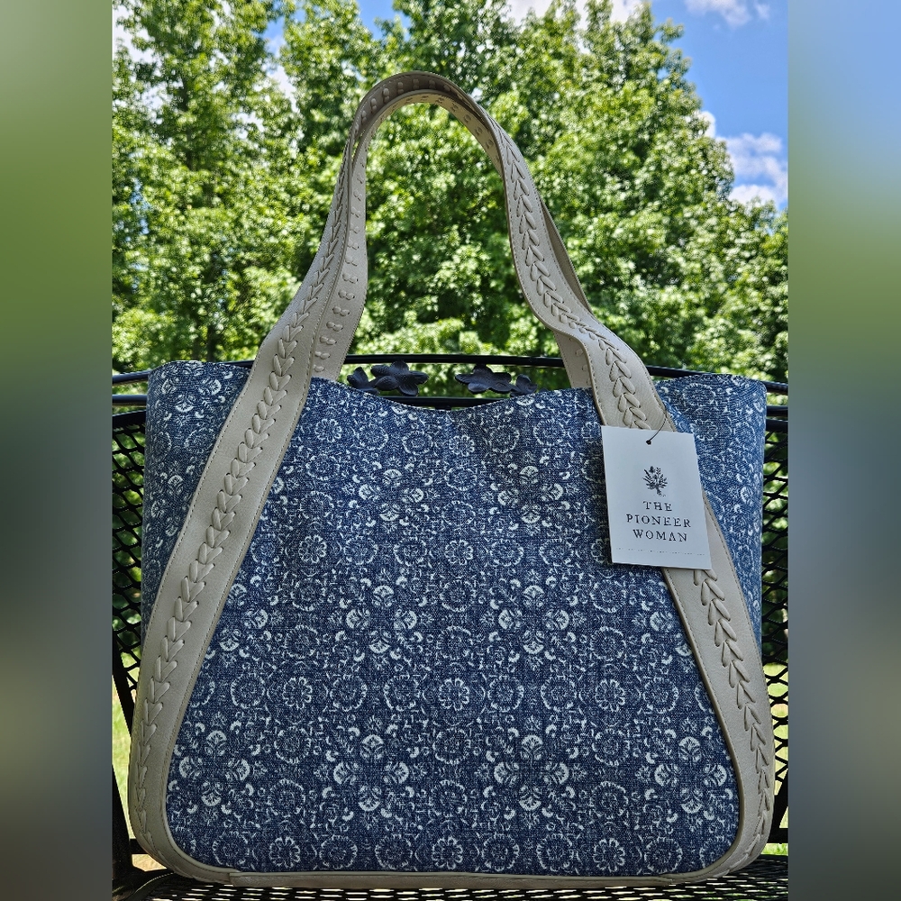 floral denim cream and blue handbag